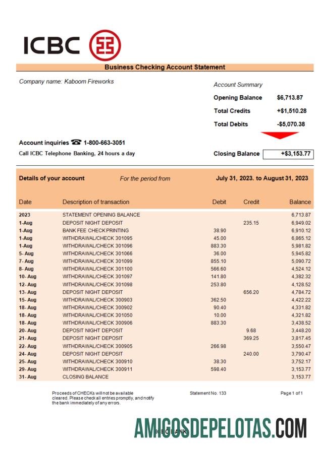 Em branco ICBC Bank Business Checking modelo de extrato de conta Word e PDF